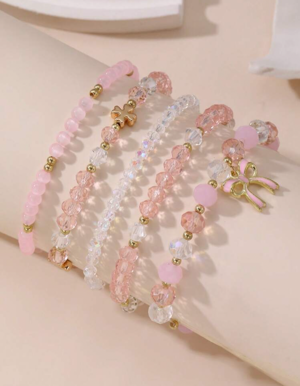 Set de 5 pulseras con cuentas de vidrio con corazón y lazo en color rosa, joyas de moda lujosas, regalo para niñas